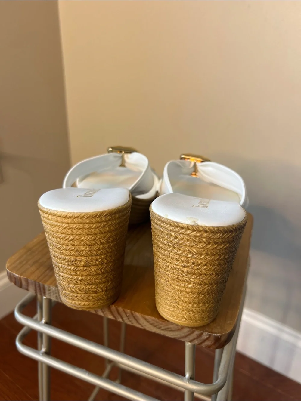 White Wedge Slides with Gold Buckle